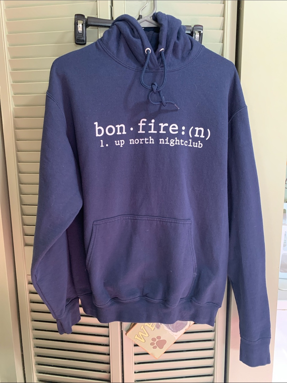 Navy Hooded Sweatshirt with White 'bon.fire:(n)' Text